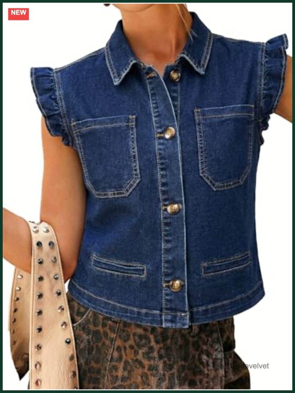 Women's Denim Vest Sleeveless Ruffle Cuffed Cropped Jacket